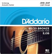 EJ36 BRONZE 80/20 Струны для акустической 12-струнной гитары бронза Light 10-47 D`Addario EJ36